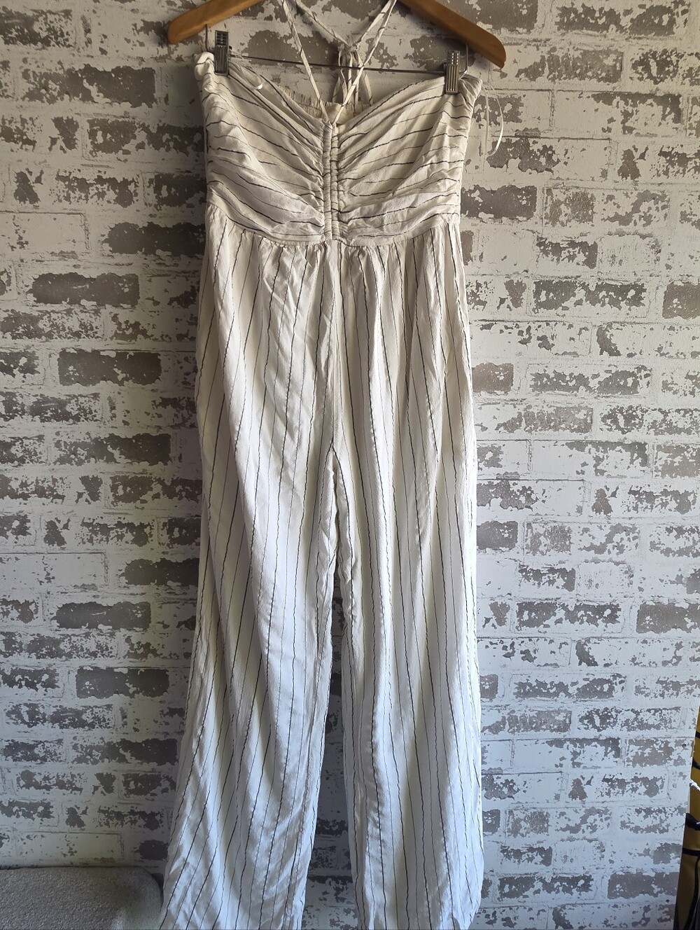 Allie Rose Pinstripe Halter Jumpsuit Size L Wide Leg Smocked